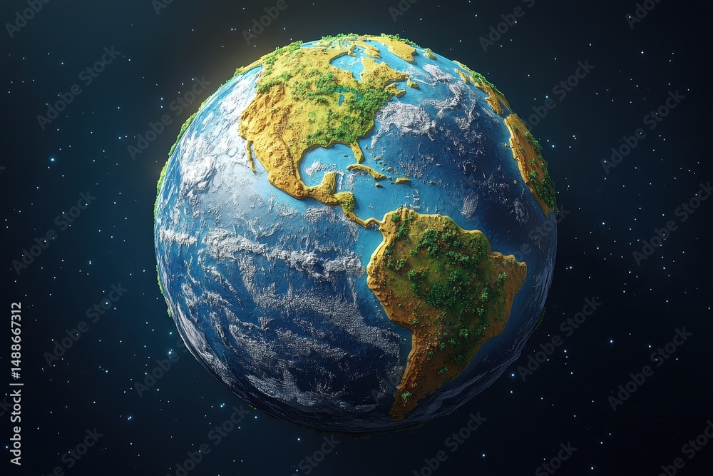 Fototapeta premium Realistic 3D rendering of Earth depicting vibrant continents, oceans, and lush vegetation against a starry background