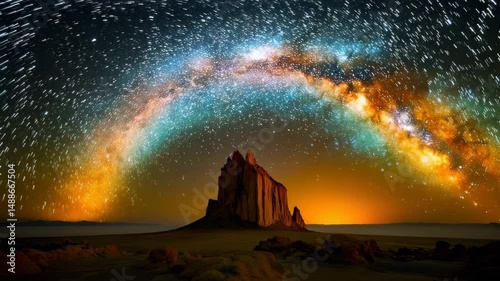 Epic time-lapse of the Milky Way galaxy arcing over the towering rock formation of Shiprock in New Mexico. Stars streak slowly across the sky as the core of the galaxy glows in detail. The foreground 