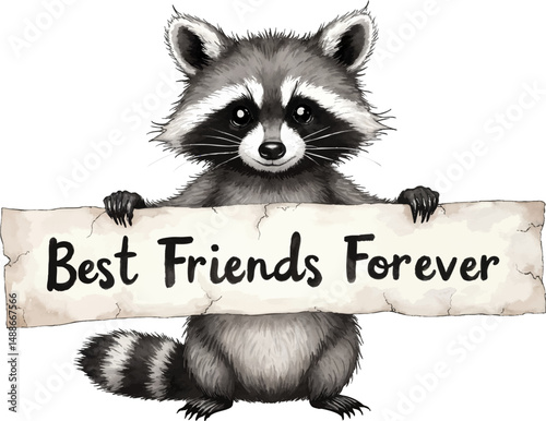 Watercolor illustration of a raccoon holding a banner celebrating friendship with the message Best Friends Forever