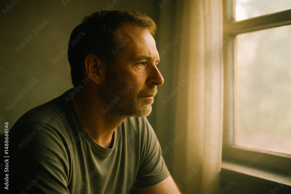 Thoughtful Man Looking Out Window in Morning Light Thoughtful Man Looking Out Window in Morning Light