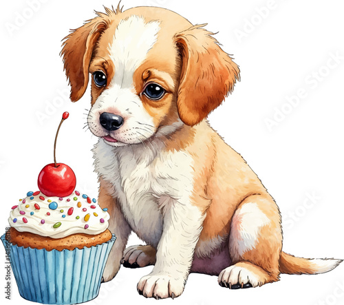 Cute puppy with colorful cupcake sitting happily, perfect for birthday celebrations and cheerful occasions