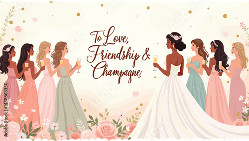 Bridal Shower Celebration with Bridesmaids – Elegant Wedding Party Illustration


