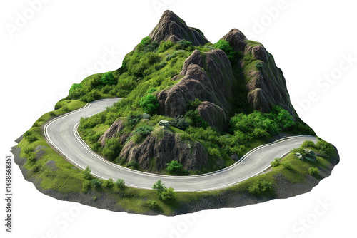 Curvy mountain road with lush greenery isolated on a transparent or white background, ideal for nature scenes, travel themes, outdoor adventures, and landscapes.