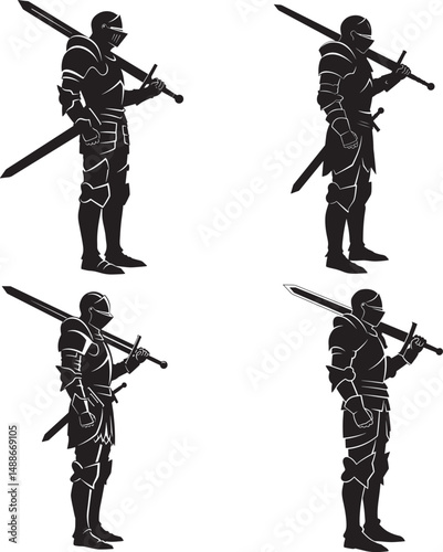 Knight with Sword Silhouette Vector on White Background