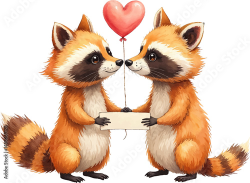 Raccoon couple sharing love with a pastel heart banner for wedding congratulations