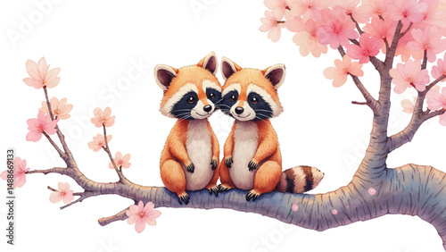 Raccoon couple in gentle watercolors celebrating love perched on a pastel tree branch adorned with blossoms