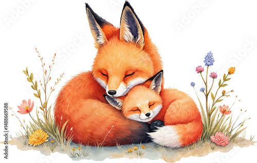 Heartwarming watercolor illustration of a mother fox and her baby snuggling together in a loving embrace with warm pastel tones