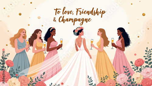 Bridal Shower Celebration with Bridesmaids – Elegant Wedding Party Illustration

