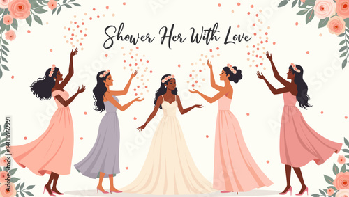Bridal Shower Celebration with Bridesmaids – Elegant Wedding Party Illustration

