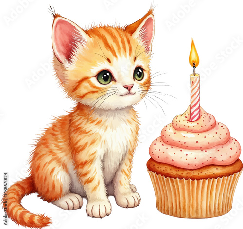 Playful kitten beside cupcake with birthday candle highlights joy and celebration in a gentle watercolor illustration