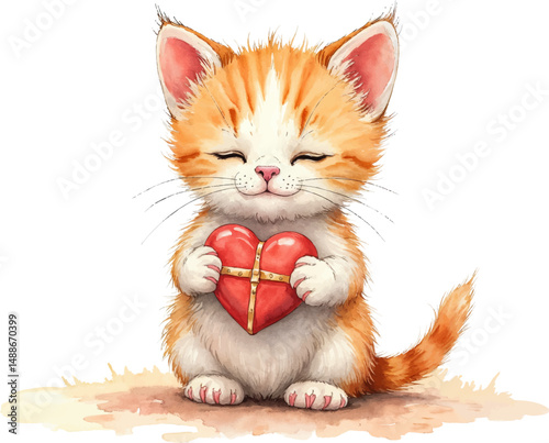 Watercolor illustration of a charming kitten offering a heart shaped gift box in soft tones for special moments