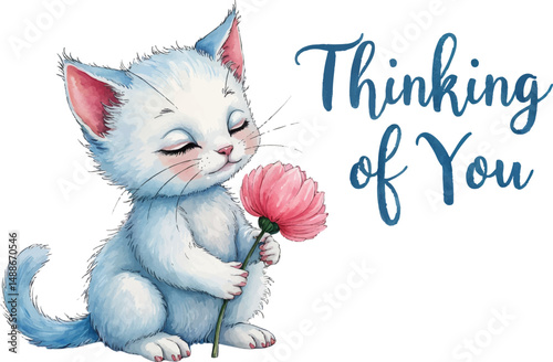 Whimsical kitten holding a flower with heartfelt message of missing you in gentle watercolor tones