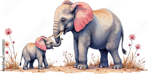 Watercolor illustration of a mother elephant holding trunks with her baby in soft tones perfect for birth celebrations or family themes
