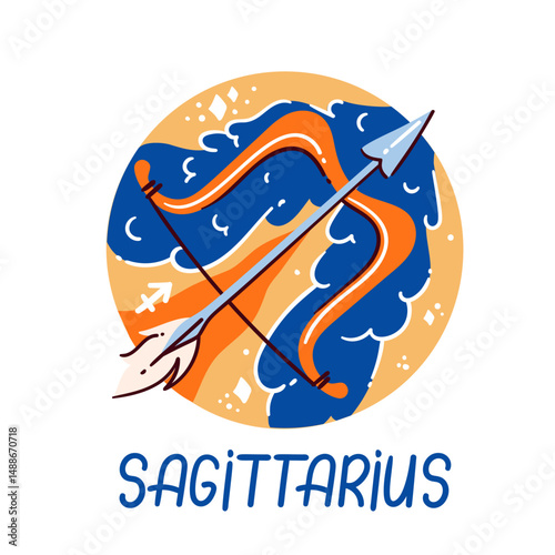 Sagittarius zodiac symbol, showcasing a bow and arrow over flowing waves. Vector illustration of sagittarius sign emblem