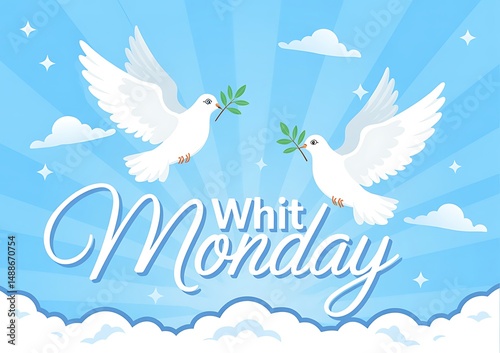 White Monday Peace Dove Sky Clouds Blue Background 