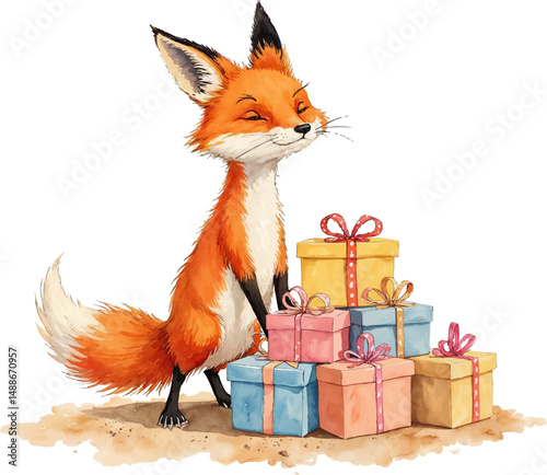 Cheerful fox stands beside pastel colored birthday presents in watercolor illustration