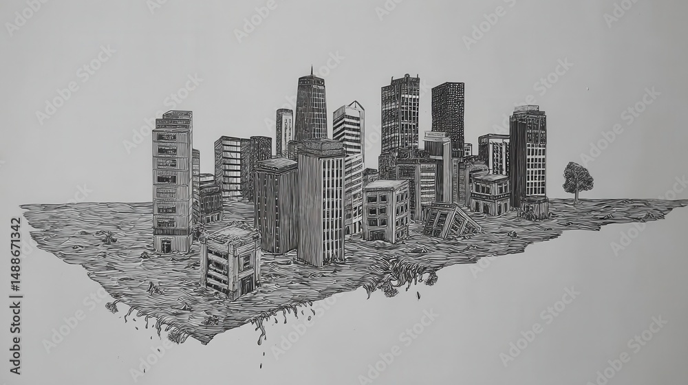 Fototapeta premium Floating city depicted in grayscale ink drawing.