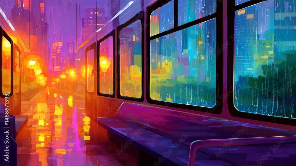 Obraz premium Vibrant Neon Cityscape During Rainy Night from Train Ride with Colorful Reflections