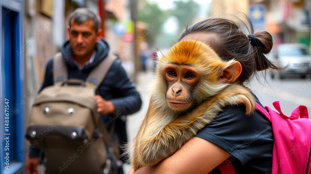 Obraz premium pet monkey hugging a girl on the street