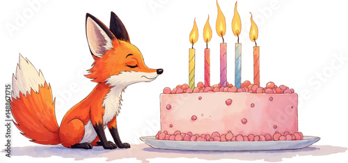 Watercolor illustration of a fox gently blowing out birthday candles on a cake with soft, warm colors