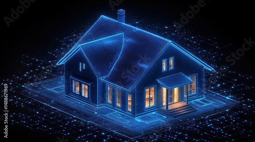 Conceptual Home Structure Blueprint with Glowing Network and Architectural Design