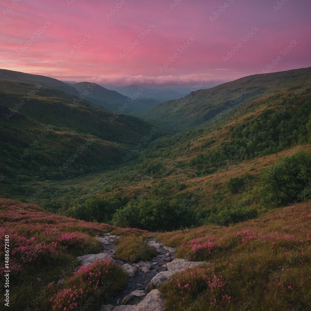 Fototapeta premium Over a green valley, the mountain landscape shows a panorama of morning fog and a sunset sky with clouds over hills and trees