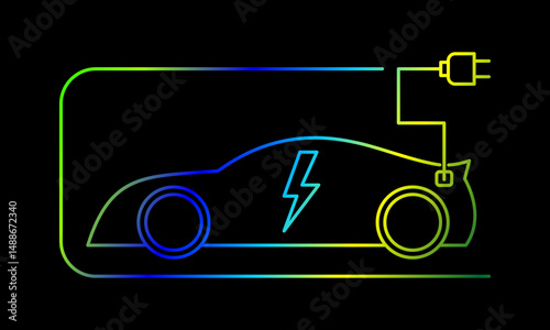 Modern electric car with plug icon, green and blue gradient ev car symbol, eco friendly vehicle, charging station logotype icon