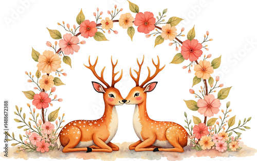 Cuddling deer couple nestled beneath a pastel floral arch, perfect for heartfelt marriage congratulations