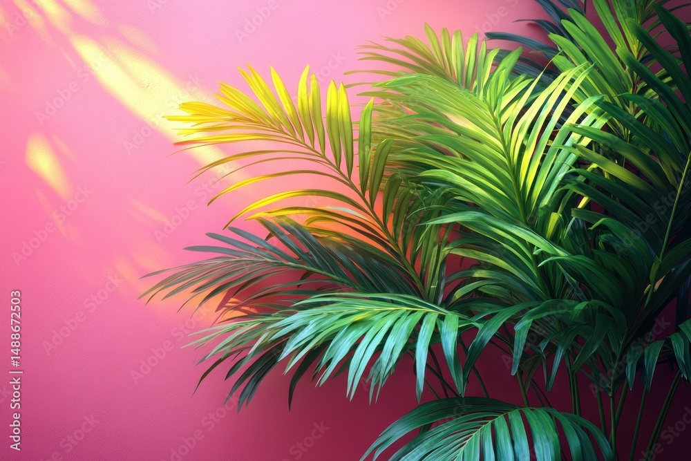 Naklejka premium Lush green palm leaves against vibrant pink wall creating a tropical atmosphere in sunny interior space
