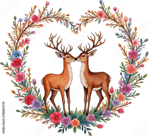 Watercolor illustration of a deer couple in a heart shaped floral wreath perfect for wedding or engagement invitations