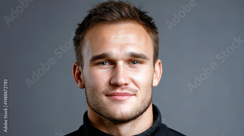 Professional athlete poses for a close-up portrait in a studio setting with neutral background and focused expression