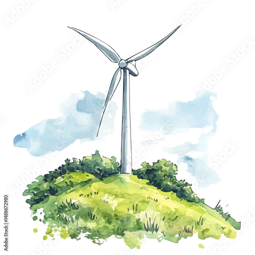 Wind Turbine On A Hillside, watercolor illustration vector, high quality, isolated on a white background.