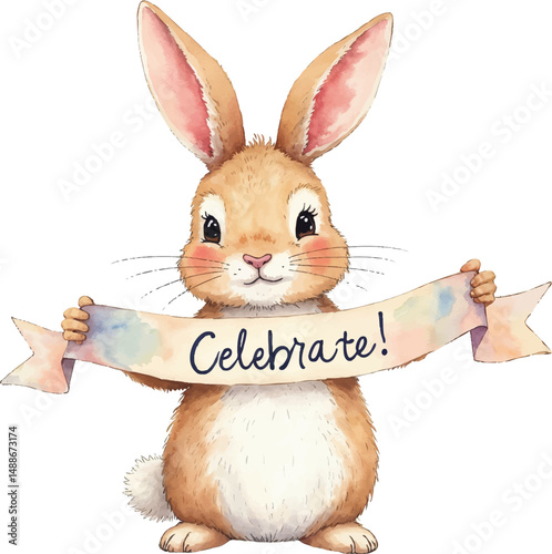 Bunny holding a pastel banner celebrating special moments with cheerful watercolors and gentle tones