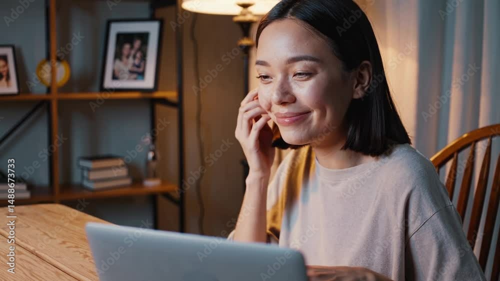 Femme souriante devant son ordinateur à la maison le soir, ambiance chaleureuse et connectée

