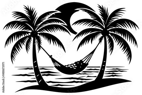 Silhouette of a palm tree with hammock for tropical vacation relaxation, silhouette, palm tree, hammock, tropical, vacation, relaxation, beach, island, summer, holiday, leisure, paradise, travel, desi