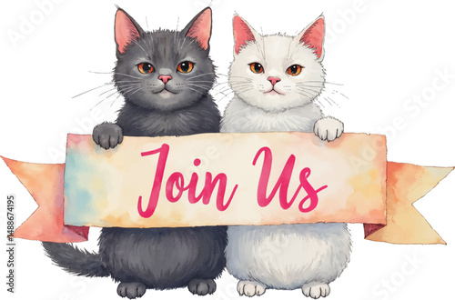 Watercolor illustration featuring a cat couple holding a pastel colored Join Us banner for wedding invitations