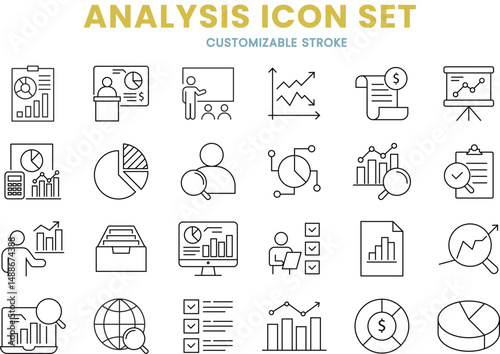 Analysis icon set, infographic, analytics, research, balance, charts, report, accounting, banking, customizable stroke, vector, illustration