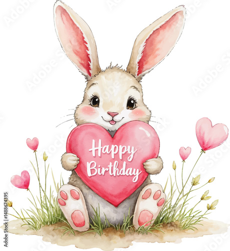 Watercolor illustration of a happy bunny holding a heart shaped birthday card among flowers and hearts celebrating joy