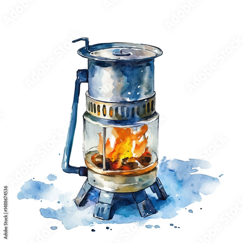 Windproof Camping Stove, watercolor painting vector, high quality, isolated on a white background.