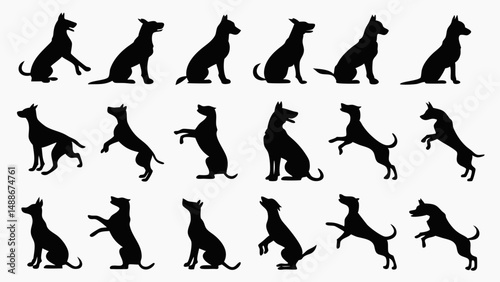 Silhouette illustrations of dogs in various poses.