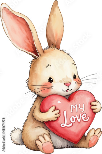 Bunny holding a heart expressing tender love in soft, gentle watercolor tones on a white background