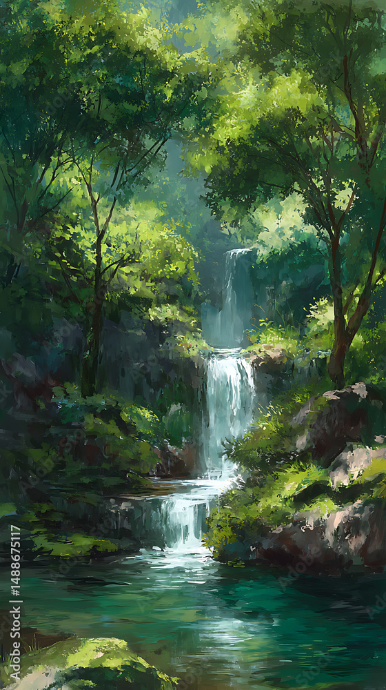 Obraz premium Anime Art of Waterfall Hidden in Enchanted Forest – Relaxing Wallpaper