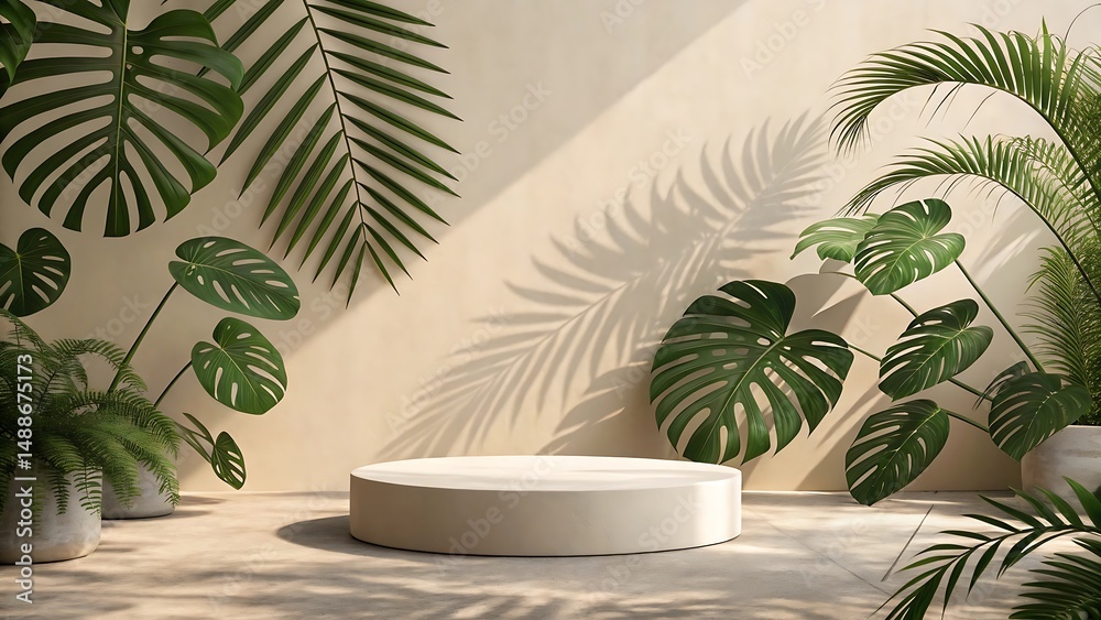 Fototapeta premium Modern minimalist podium display with lush green plants and shadowed backdrop