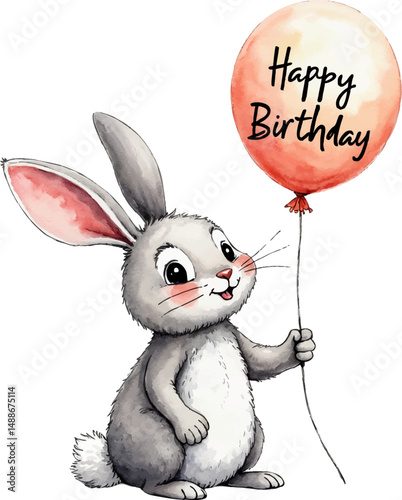 Cheerful bunny holding a bright balloon wishing happy birthday in gentle watercolor tones isolated on white background