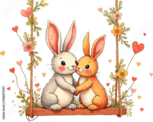 Watercolor illustration of a bunny couple on a floral swing surrounded by pastel hearts perfect for celebrating new marriage