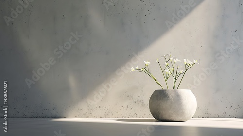 Small white flowers in a concrete vase against a bright concrete wall.
