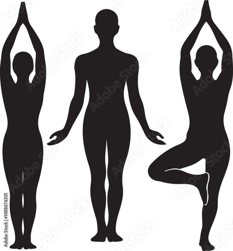 Three Female Yoga Silhouettes in Different Poses Mountain Pose Standing Pose and Tree Pose