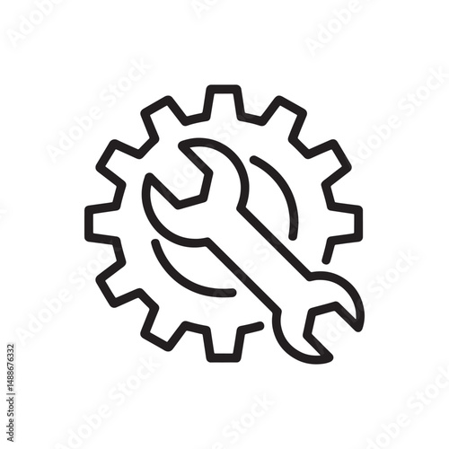 Simple black icon of a gear. gear and wrench for mechanical engineering and repair services vector.