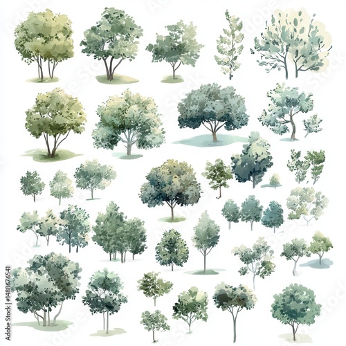botanical landscape design elements, watercolor styled tree icons, varying foliage clusters, soft gradient greens, aerial garden planning symbols, organic canopy shapes, artistic.