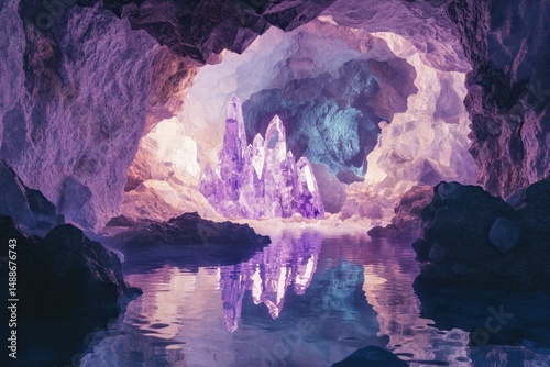 Wallpaper Mural Glowing crystals illuminate a mystical cave landscape with reflective waters at twilight, Glowing crystal cave fantasy landscape, reflective water pan Torontodigital.ca